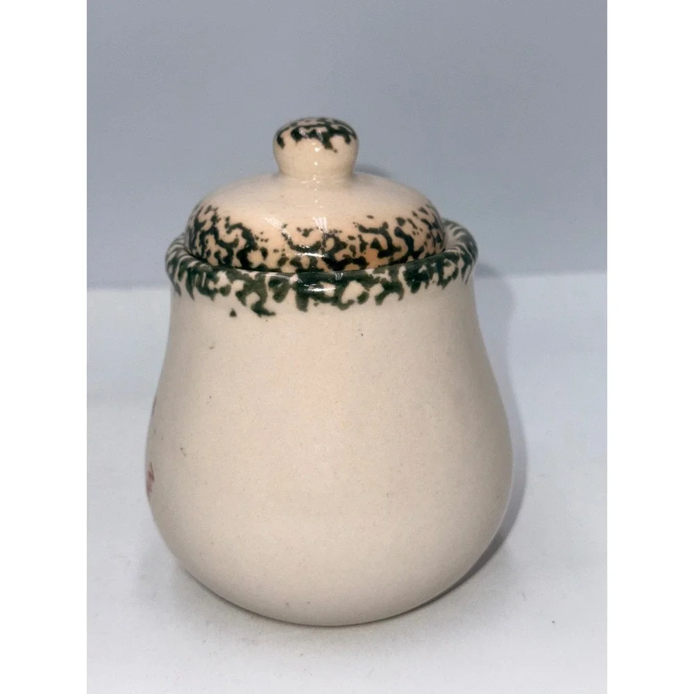 Unbranded Snowman Jam Jar Holiday Cream Green Excellent Stoneware Lidded Pot